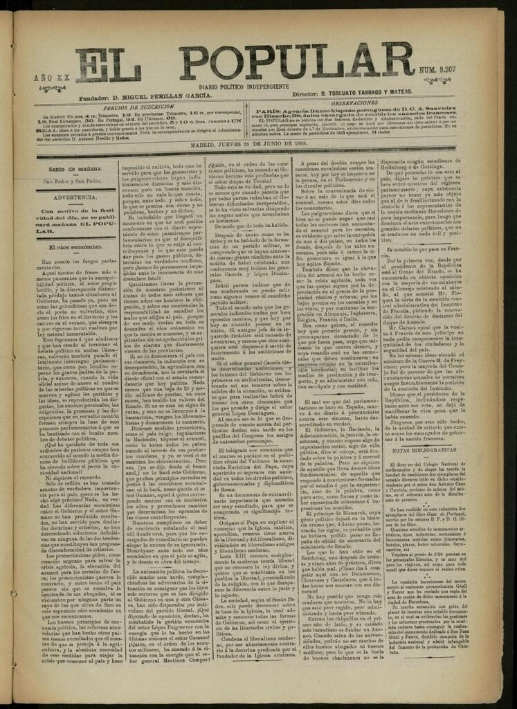 Miniatura de El Popular: diario independiente, político, literario y de noticias de interés general del 28 de junio de 1888, nº 9207