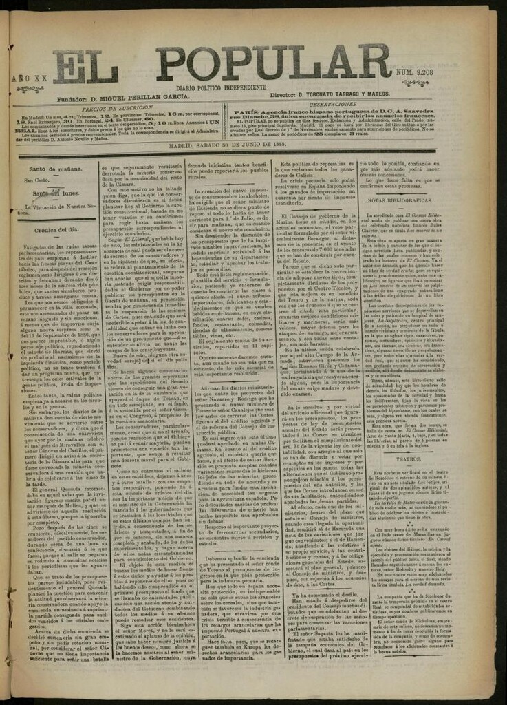 Miniatura de El Popular: diario independiente, político, literario y de noticias de interés general del 30 de junio de 1888, nº 9208