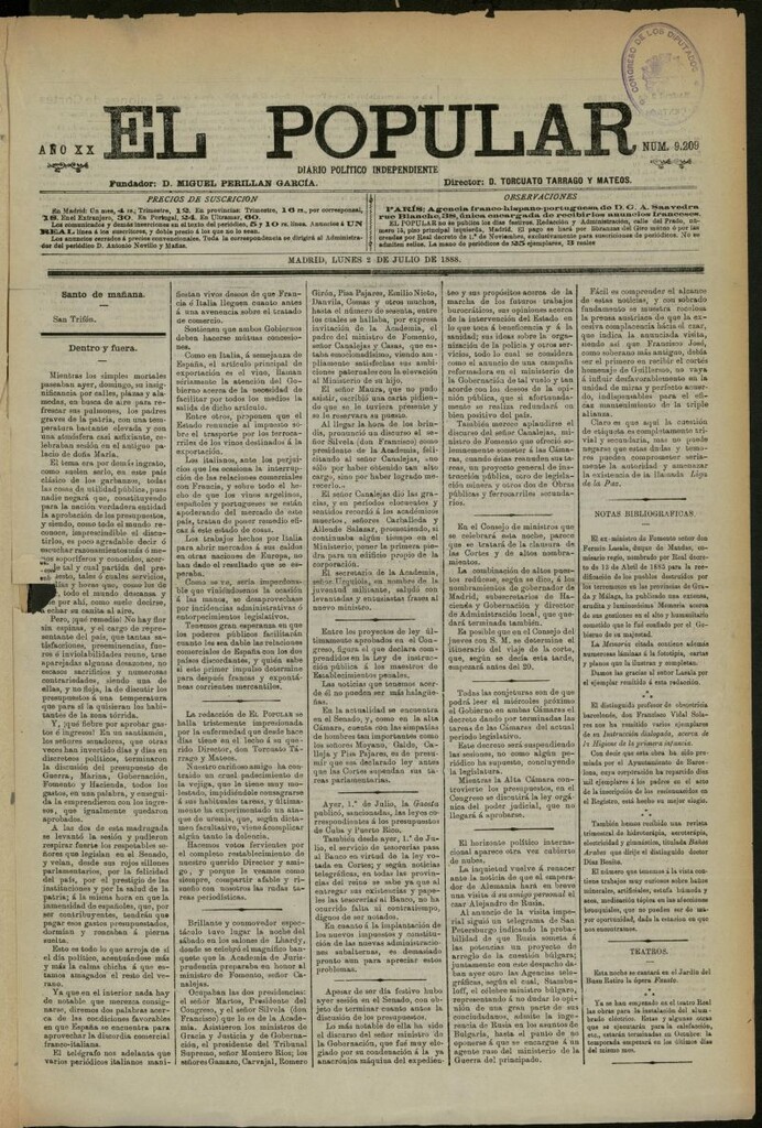 Miniatura de El Popular: diario independiente, político, literario y de noticias de interés general del 2 de julio de 1888, nº 9209