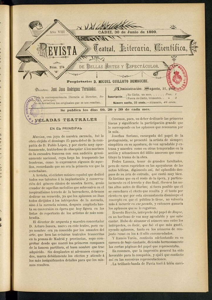 Miniatura de Revista Teatral, Literaria, Científica, de Bellas Artes y Espectáculos. Nº 274