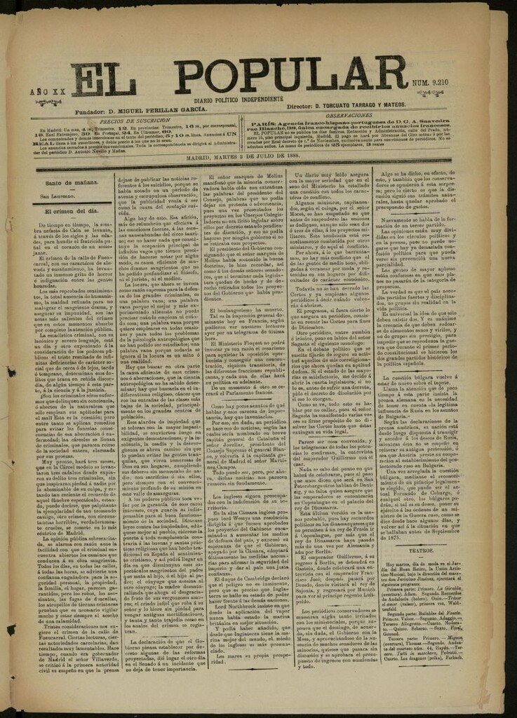 Miniatura de El Popular: diario independiente, político, literario y de noticias de interés general del 3 de julio de 1888, nº 9210