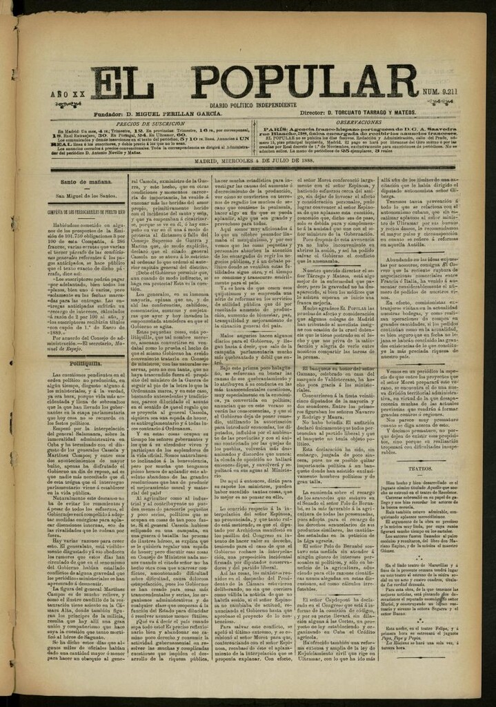 Miniatura de El Popular: diario independiente, político, literario y de noticias de interés general del 4 de julio de 1888, nº 9211