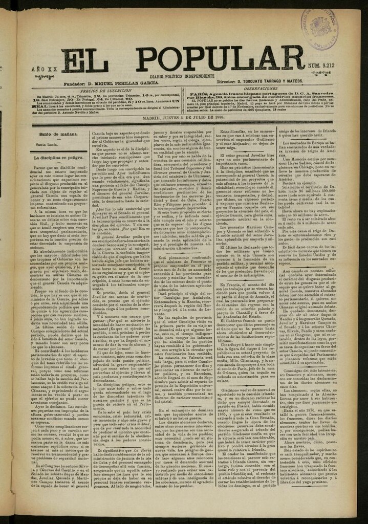 Miniatura de El Popular: diario independiente, político, literario y de noticias de interés general del 5 de julio de 1888, nº 9212