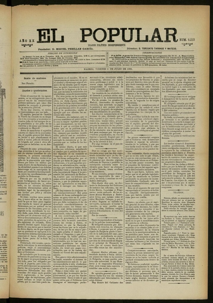 Miniatura de El Popular: diario independiente, político, literario y de noticias de interés general del 6 de julio de 1888, nº 9213