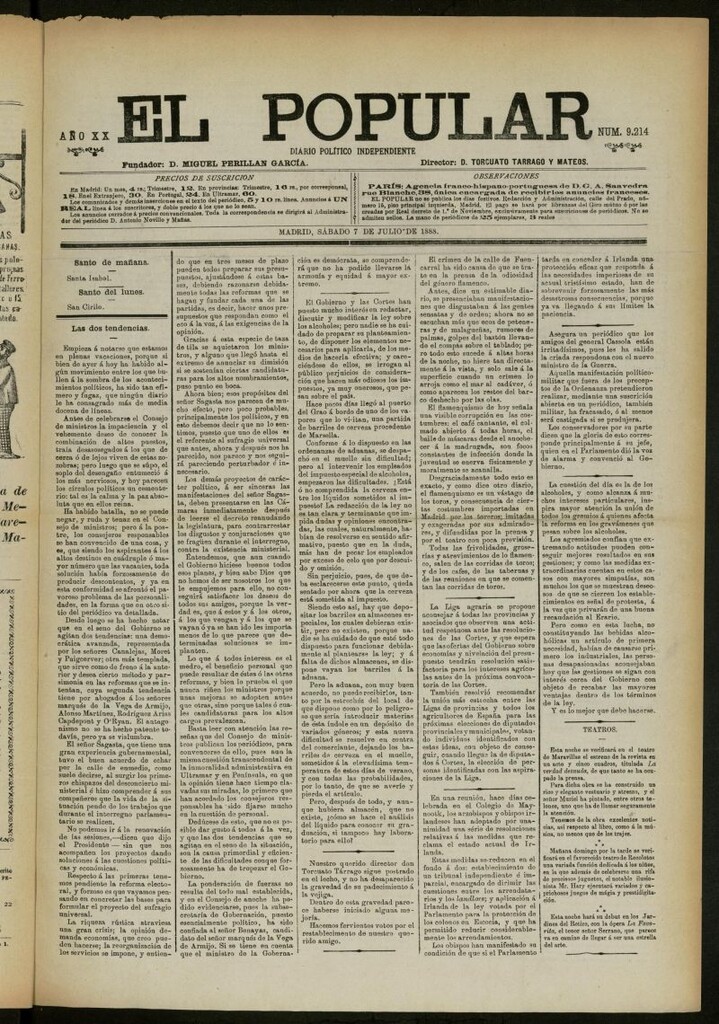 Miniatura de El Popular: diario independiente, político, literario y de noticias de interés general del 7 de julio de 1888, nº 9214