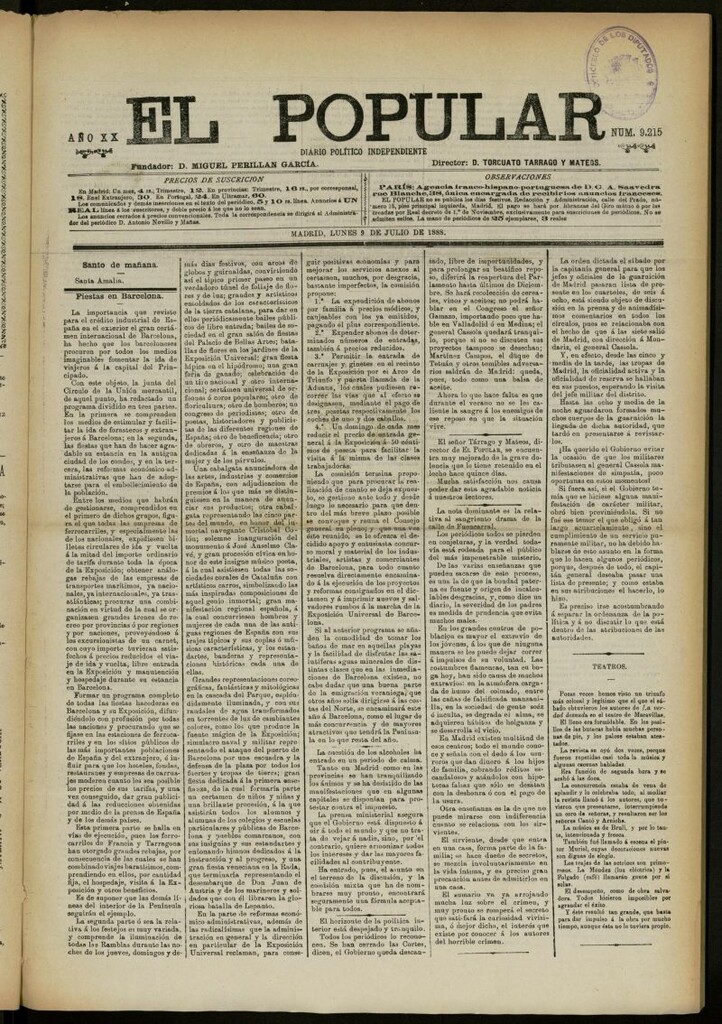 Miniatura de El Popular: diario independiente, político, literario y de noticias de interés general del 9 de julio de 1888, nº 9215