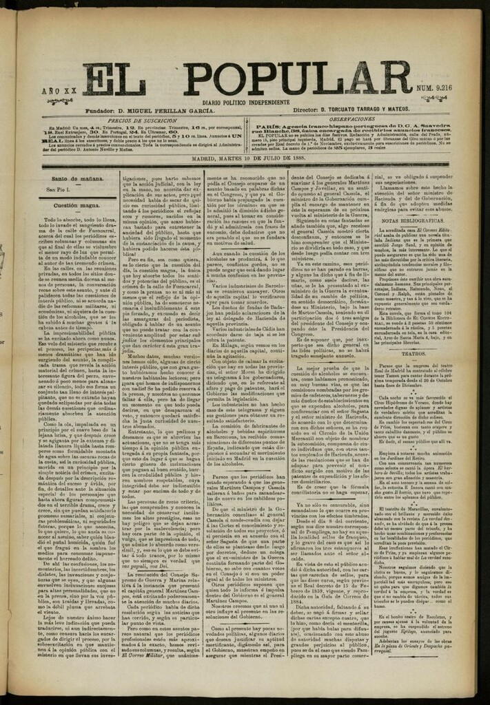 Miniatura de El Popular: diario independiente, político, literario y de noticias de interés general del 10 de julio de 1888, nº 9216