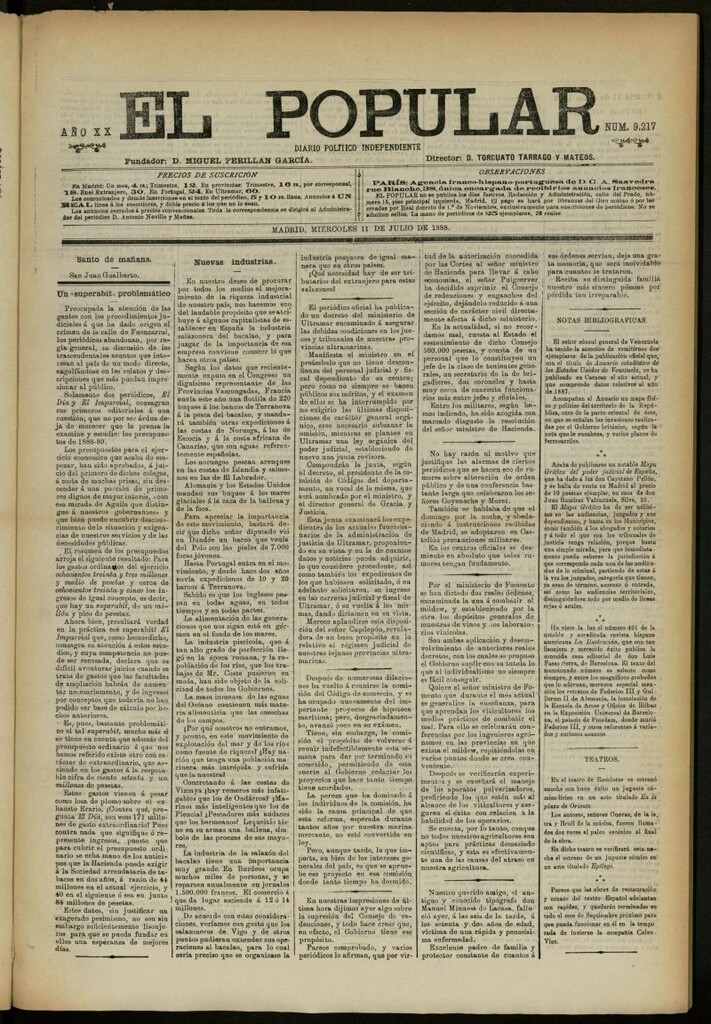 Miniatura de El Popular: diario independiente, político, literario y de noticias de interés general del 11 de julio de 1888, nº 9217