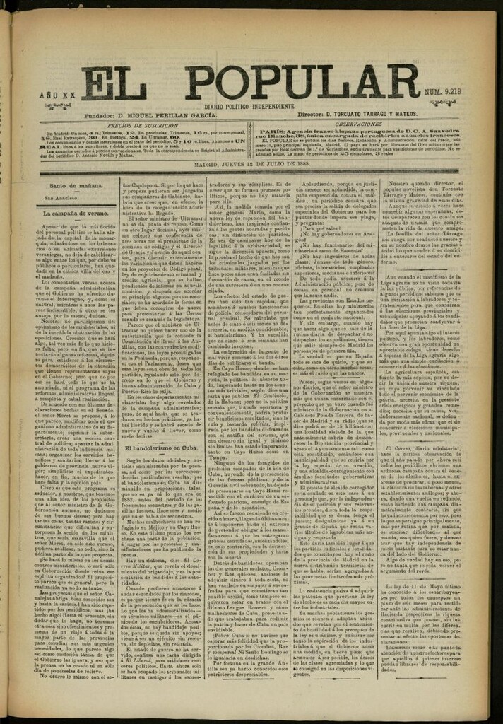 Miniatura de El Popular: diario independiente, político, literario y de noticias de interés general del 12 de julio de 1888, nº 9218