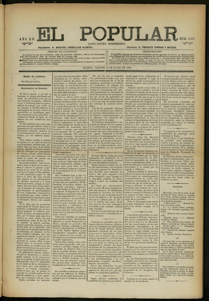 Miniatura de El Popular: diario independiente, político, literario y de noticias de interés general del 13 de julio de 1888, nº 9219