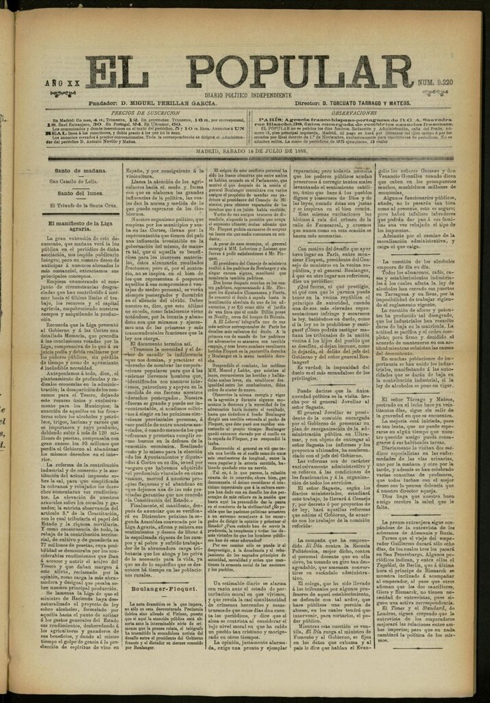 Miniatura de El Popular: diario independiente, político, literario y de noticias de interés general del 14 de julio de 1888, nº 9220