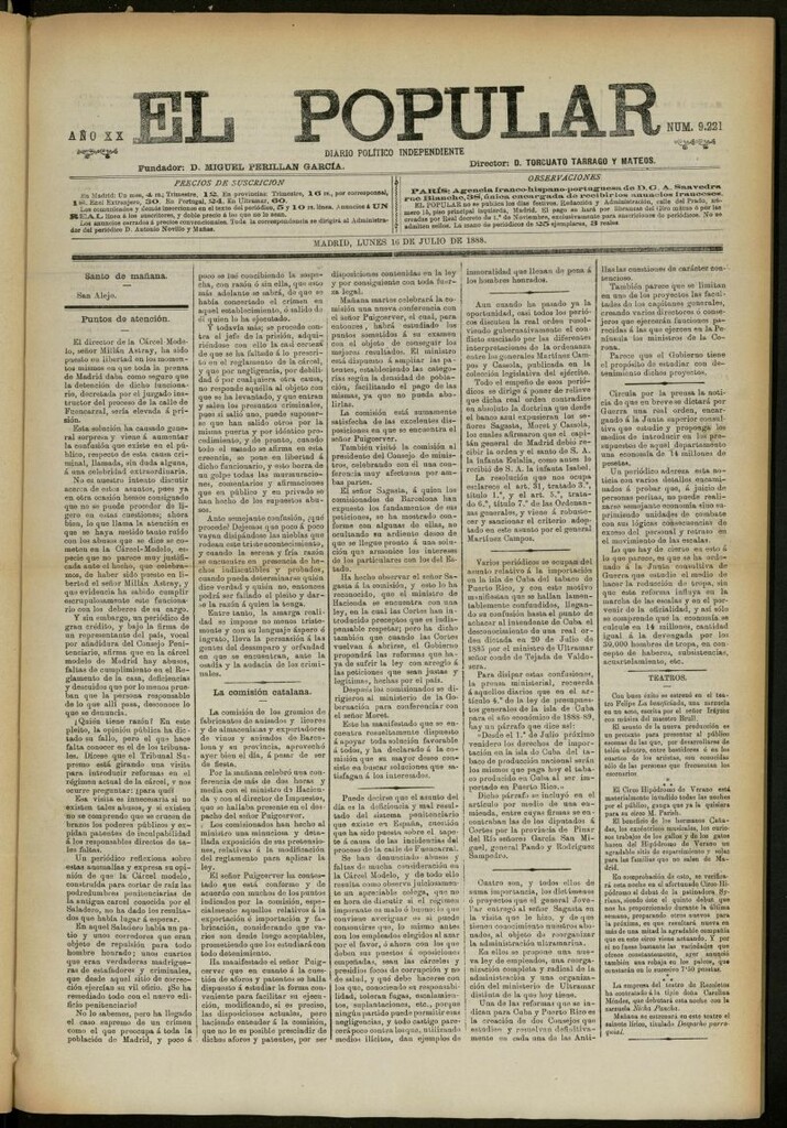 Miniatura de El Popular: diario independiente, político, literario y de noticias de interés general del 16 de julio de 1888, nº 9221