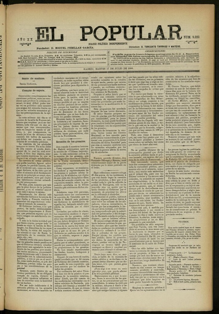 Miniatura de El Popular: diario independiente, político, literario y de noticias de interés general del 17 de julio de 1888, nº 9222