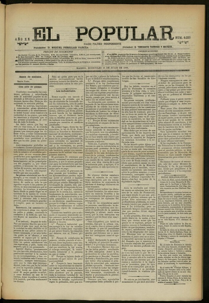 Miniatura de El Popular: diario independiente, político, literario y de noticias de interés general del 18 de julio de 1888, nº 9223