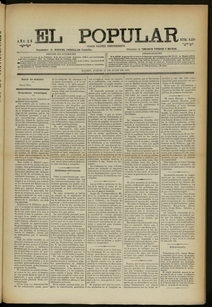 Miniatura de El Popular: diario independiente, político, literario y de noticias de interés general del 19 de julio de 1888, nº 9224