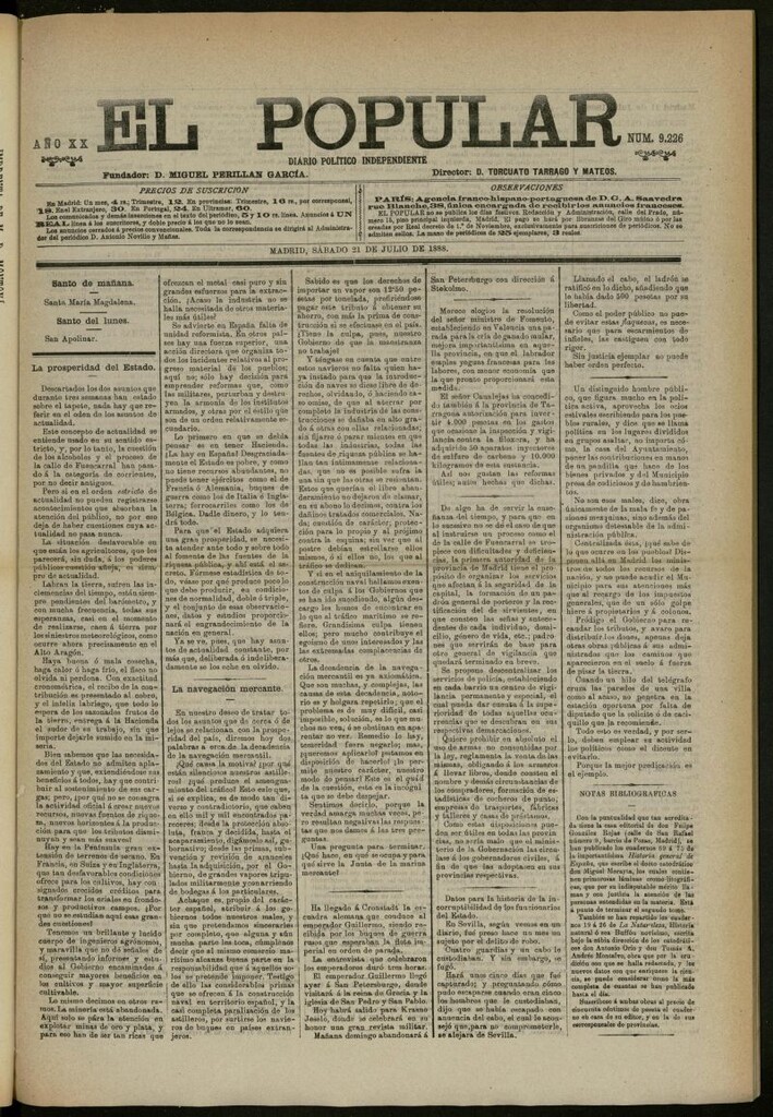 Miniatura de El Popular: diario independiente, político, literario y de noticias de interés general del 21 de julio de 1888, nº 9226