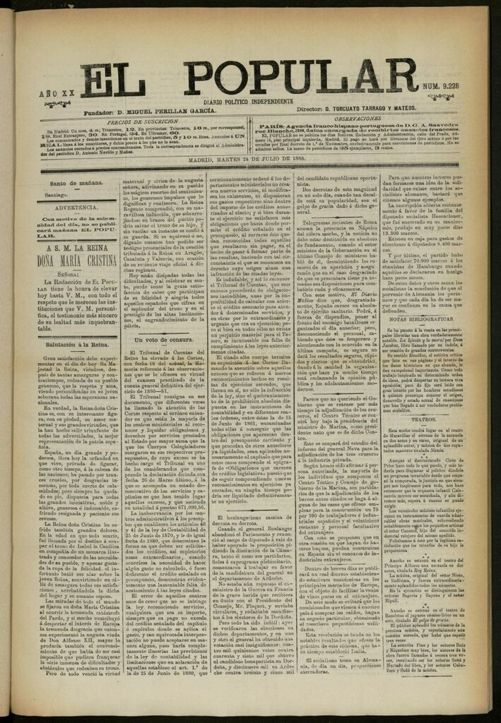 Miniatura de El Popular: diario independiente, político, literario y de noticias de interés general del 24 de julio de 1888, nº 9228