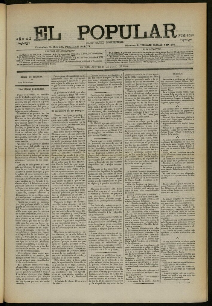 Miniatura de El Popular: diario independiente, político, literario y de noticias de interés general del 26 de julio de 1888, nº 9229