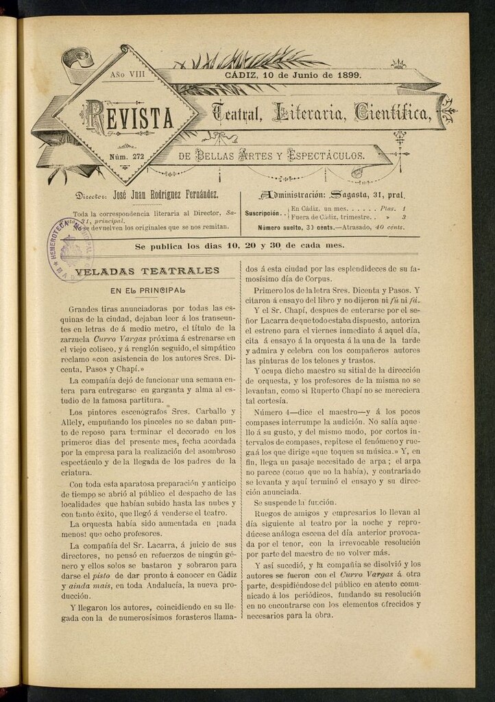 Miniatura de Revista Teatral, Literaria, Científica, de Bellas Artes y Espectáculos. Nº 272