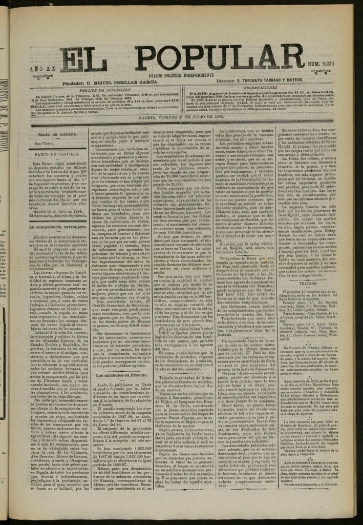 Miniatura de El Popular: diario independiente, político, literario y de noticias de interés general del 27 de julio de 1888, nº 9230