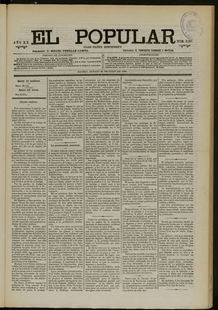 Miniatura de El Popular: diario independiente, político, literario y de noticias de interés general del 28 de julio de 1888, nº 9231