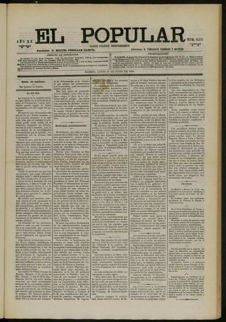 Miniatura de El Popular: diario independiente, político, literario y de noticias de interés general del 30 de julio de 1888, nº 9232