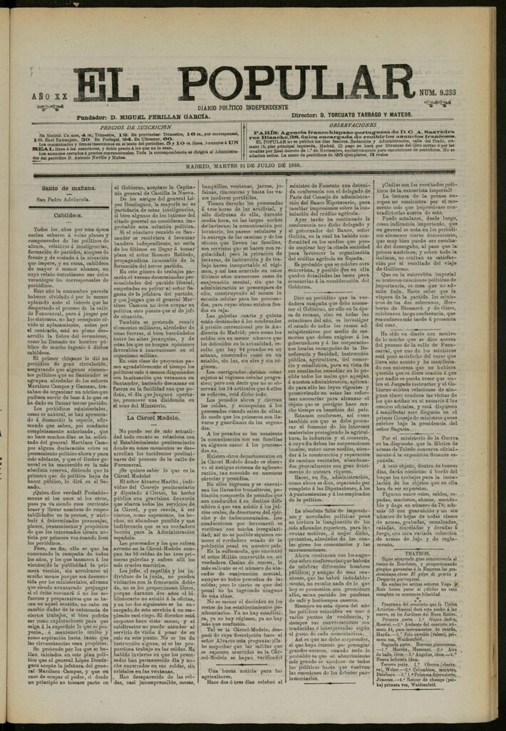 Miniatura de El Popular: diario independiente, político, literario y de noticias de interés general del 31 de julio de 1888, nº 9233