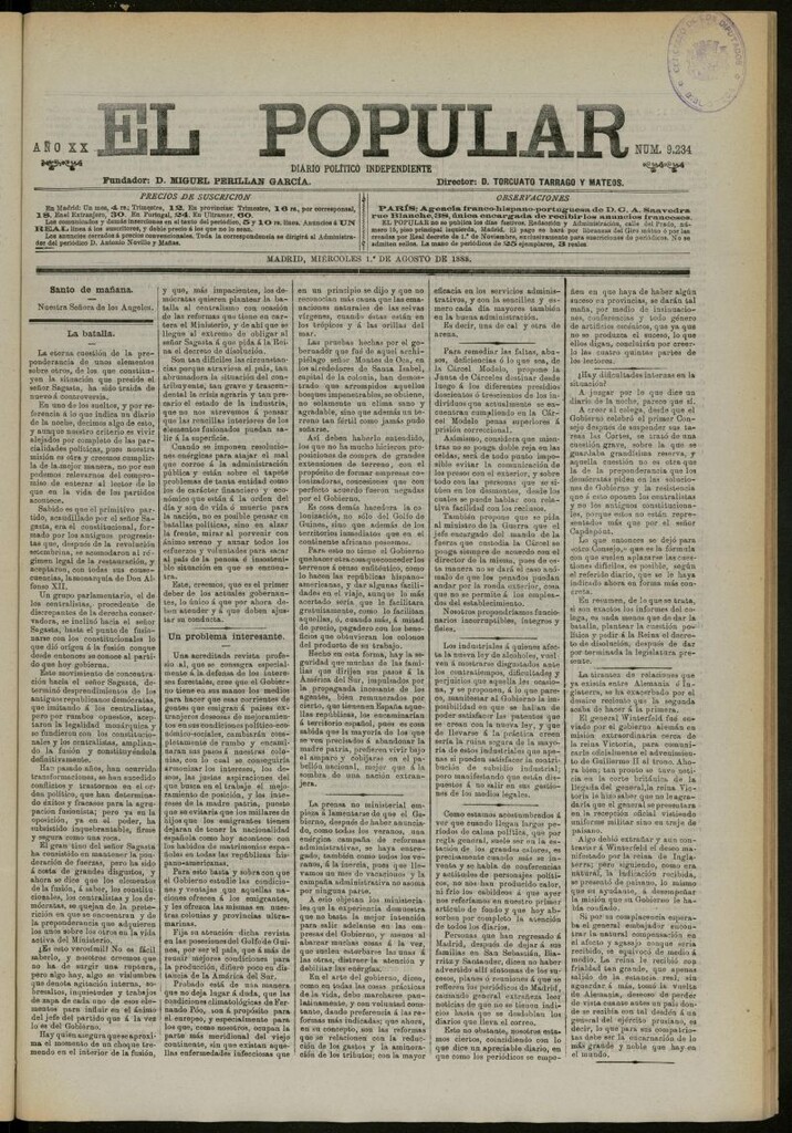 Miniatura de El Popular: diario independiente, político, literario y de noticias de interés general del 1 de agosto de 1888, nº 9234