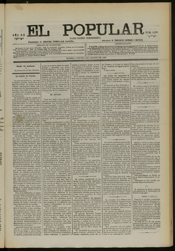 Miniatura de El Popular: diario independiente, político, literario y de noticias de interés general del 2 de agosto de 1888, nº 9235