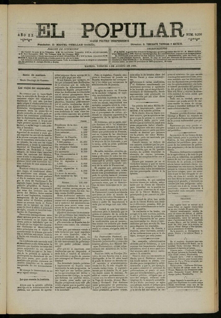 Miniatura de El Popular: diario independiente, político, literario y de noticias de interés general del 3 de agosto de 1888, nº 9236
