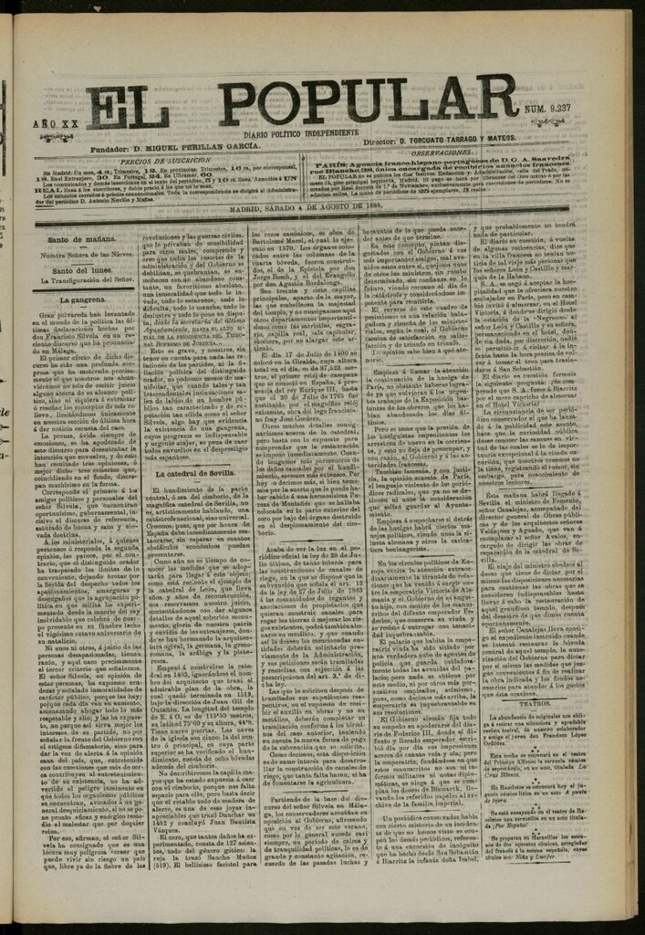 Miniatura de El Popular: diario independiente, político, literario y de noticias de interés general del 4 de agosto de 1888, nº 9237