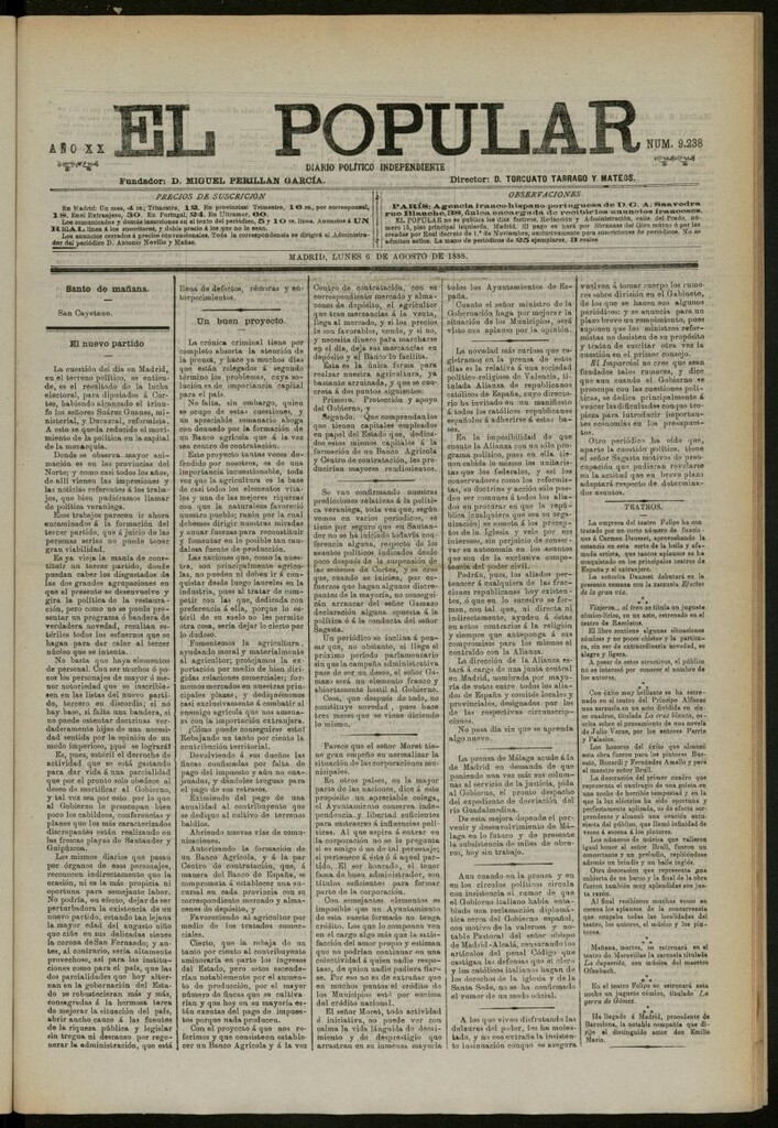 Miniatura de El Popular: diario independiente, político, literario y de noticias de interés general del 6 de agosto de 1888, nº 9238