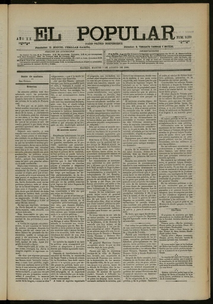 Miniatura de El Popular: diario independiente, político, literario y de noticias de interés general del 7 de agosto de 1888, nº 9239