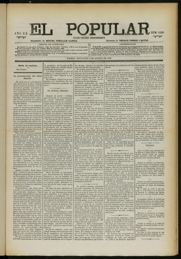 Miniatura de El Popular: diario independiente, político, literario y de noticias de interés general del 8 de agosto de 1888, nº 9240