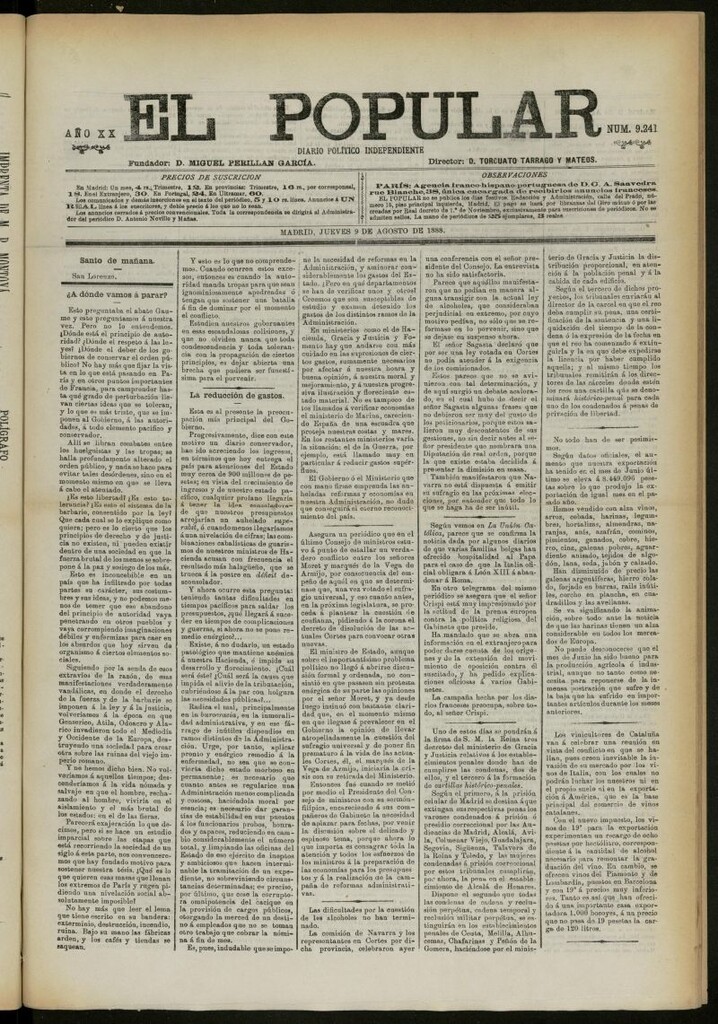 Miniatura de El Popular: diario independiente, político, literario y de noticias de interés general del 9 de agosto de 1888, nº 9241