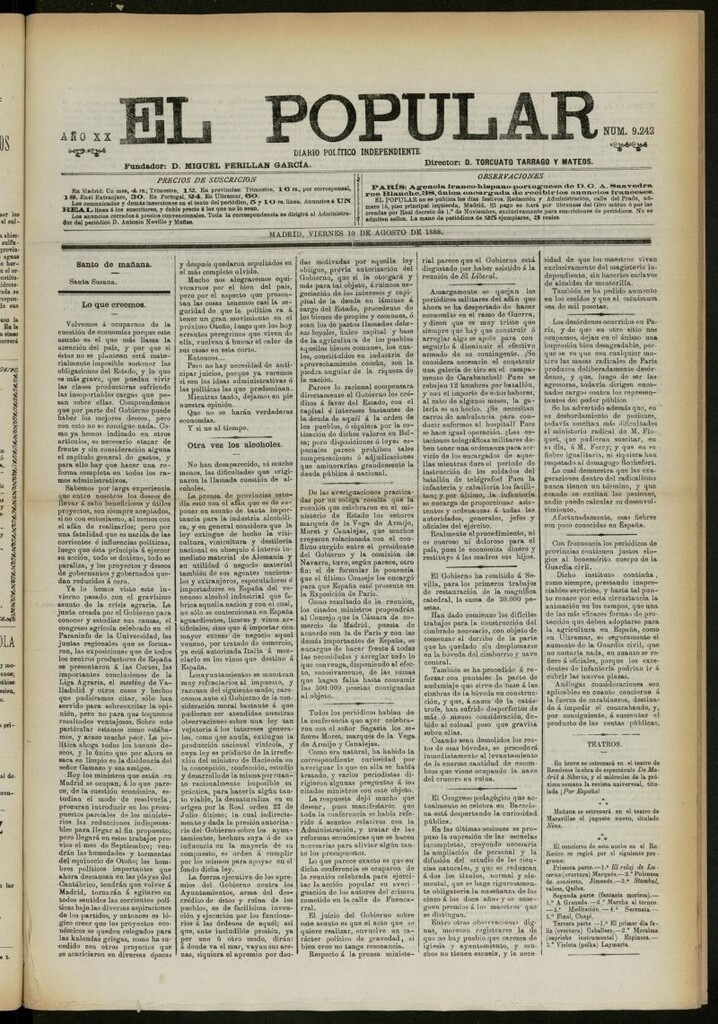 Miniatura de El Popular: diario independiente, político, literario y de noticias de interés general del 10 de agosto de 1888, nº 9242