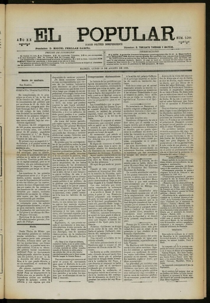 Miniatura de El Popular: diario independiente, político, literario y de noticias de interés general del 13 de agosto de 1888, nº 9244