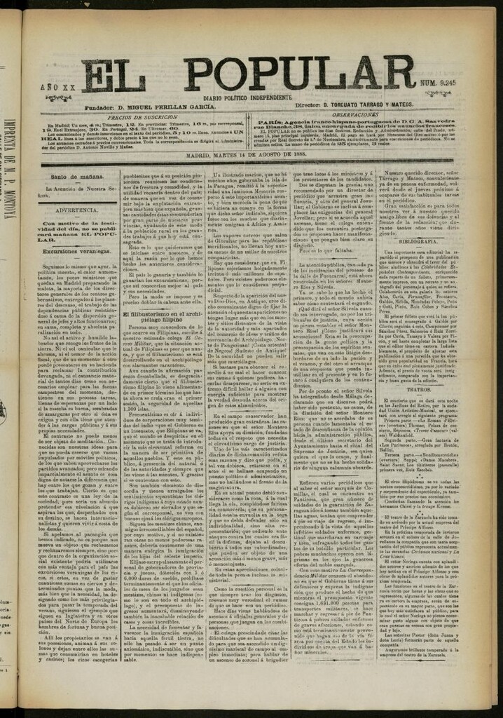 Miniatura de El Popular: diario independiente, político, literario y de noticias de interés general del 14 de agosto de 1888, nº 9245