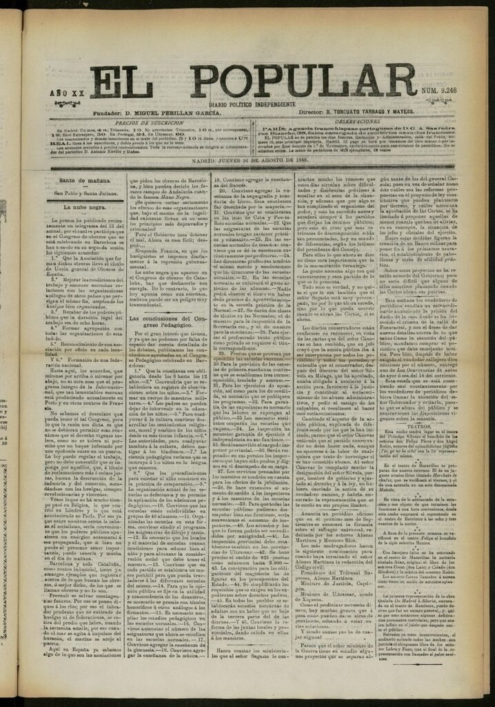 Miniatura de El Popular: diario independiente, político, literario y de noticias de interés general del 16 de agosto de 1888, nº 9246