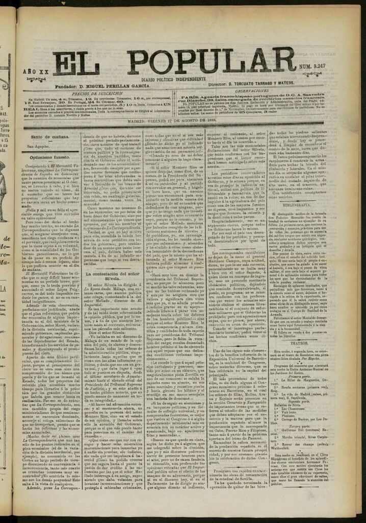 Miniatura de El Popular: diario independiente, político, literario y de noticias de interés general del 17 de agosto de 1888, nº 9247