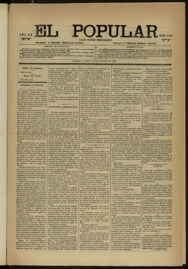 Miniatura de El Popular: diario independiente, político, literario y de noticias de interés general del 18 de agosto de 1888, nº 9248