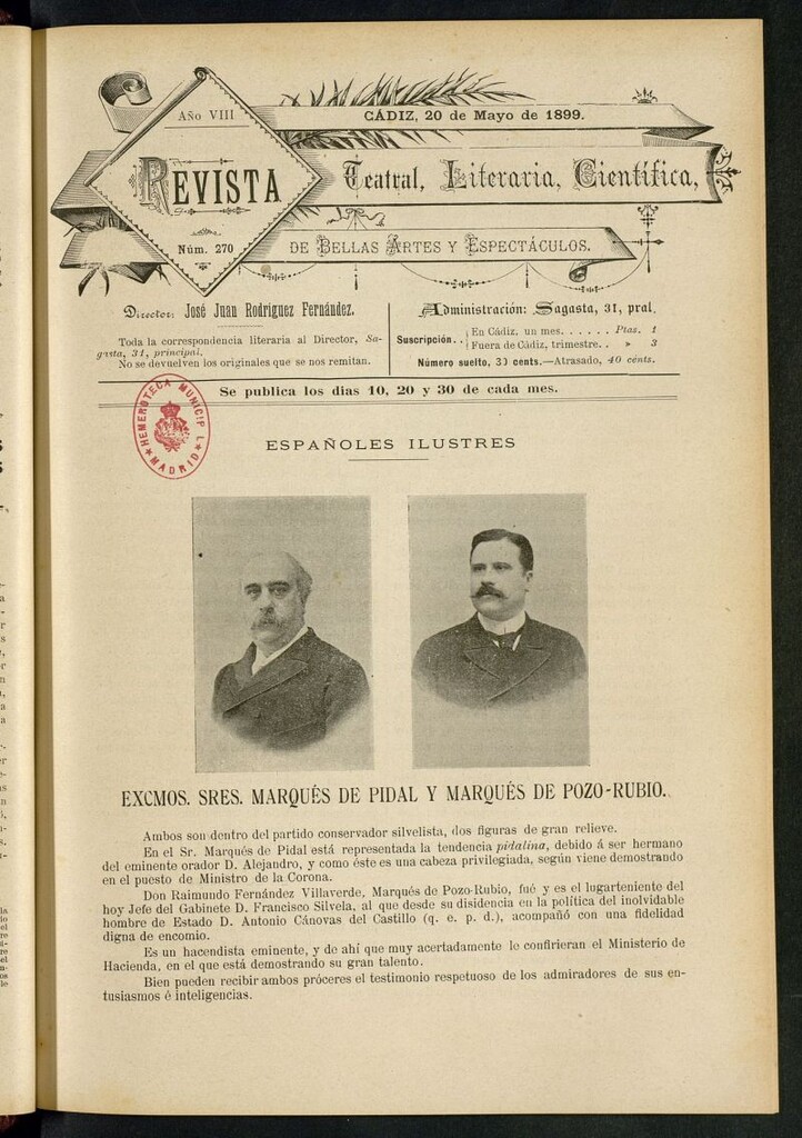 Miniatura de Revista Teatral, Literaria, Científica, de Bellas Artes y Espectáculos. Nº 270