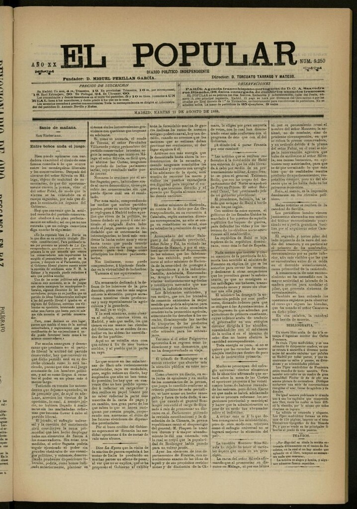 Miniatura de El Popular: diario independiente, político, literario y de noticias de interés general del 21 de agosto de 1888, nº 9250