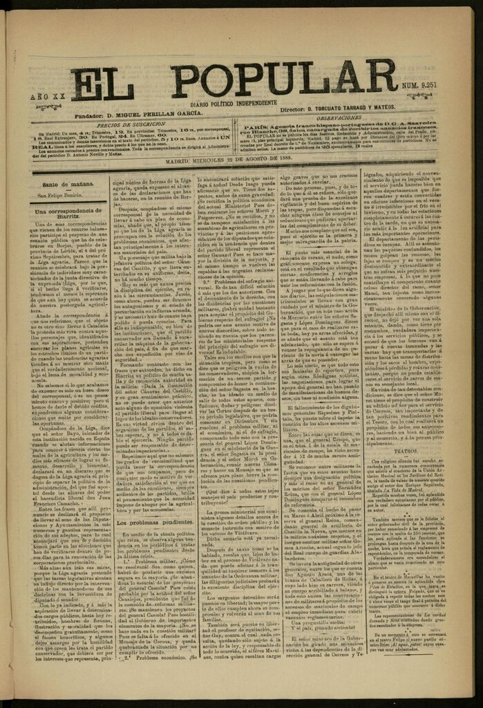 Miniatura de El Popular: diario independiente, político, literario y de noticias de interés general del 22 de agosto de 1888, nº 9251
