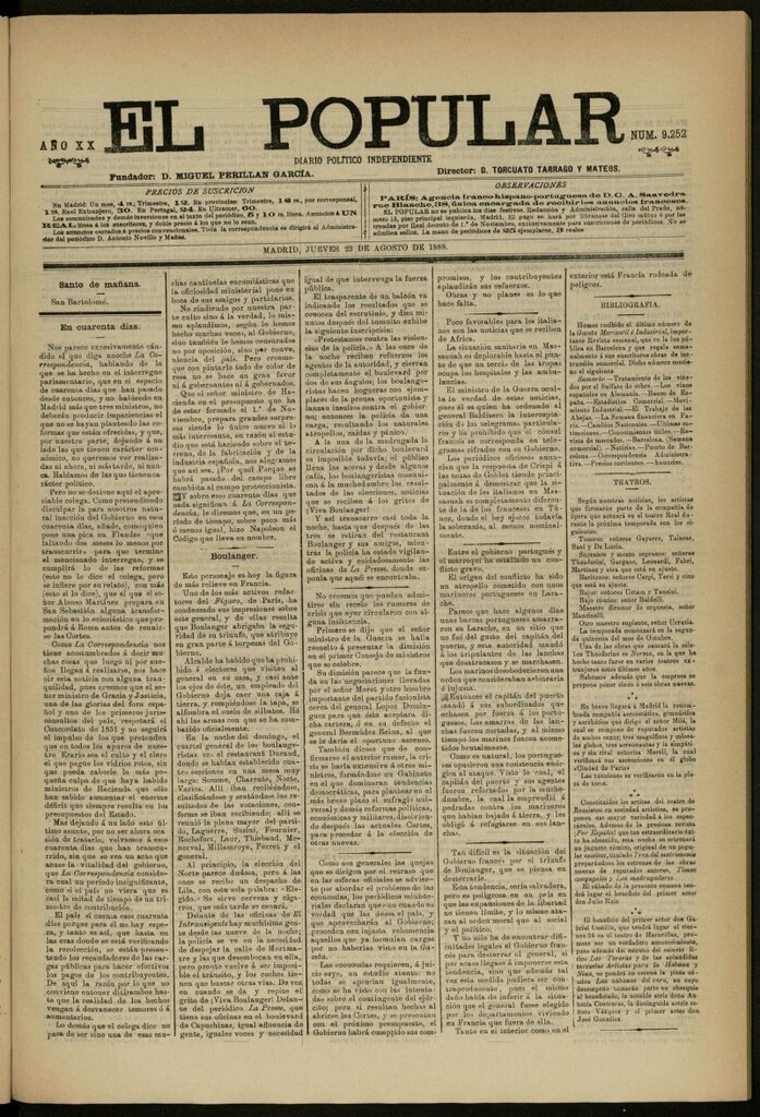 Miniatura de El Popular: diario independiente, político, literario y de noticias de interés general del 23 de agosto de 1888, nº 9252