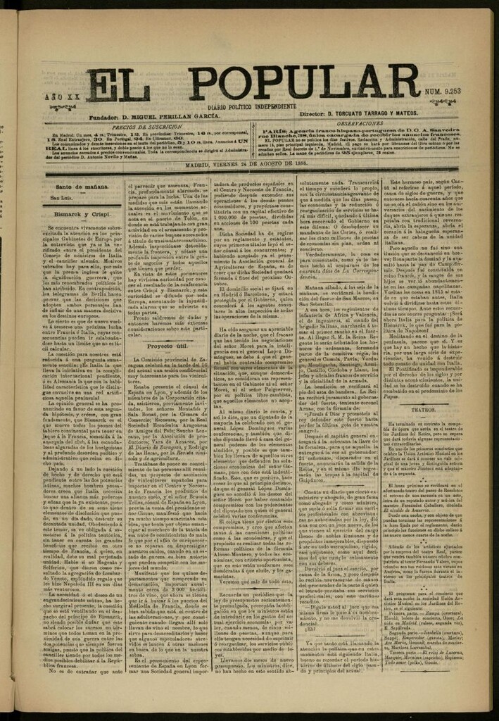 Miniatura de El Popular: diario independiente, político, literario y de noticias de interés general del 24 de agosto de 1888, nº 9253