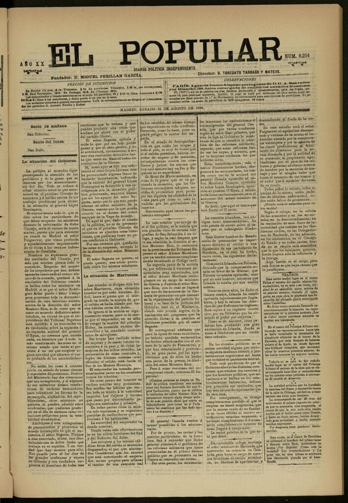 Miniatura de El Popular: diario independiente, político, literario y de noticias de interés general del 25 de agosto de 1888, nº 9254