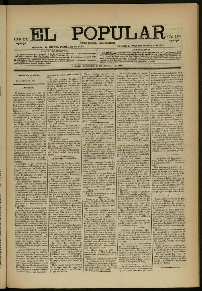 Miniatura de El Popular: diario independiente, político, literario y de noticias de interés general del 29 de agosto de 1888, nº 9257