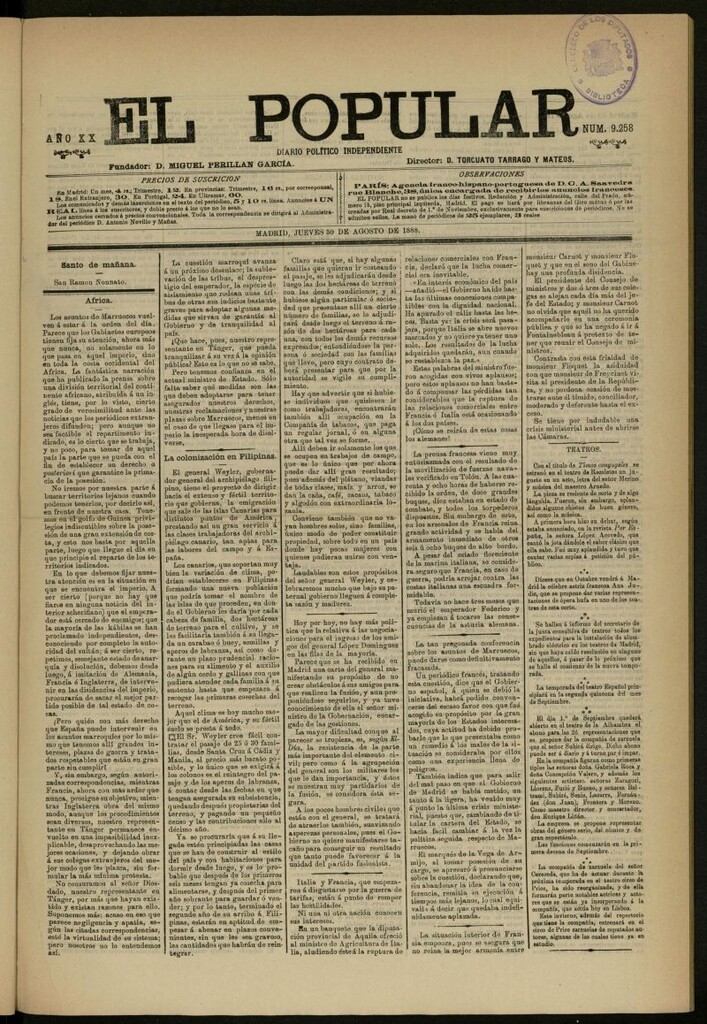 Miniatura de El Popular: diario independiente, político, literario y de noticias de interés general del 30 de agosto de 1888, nº 9258