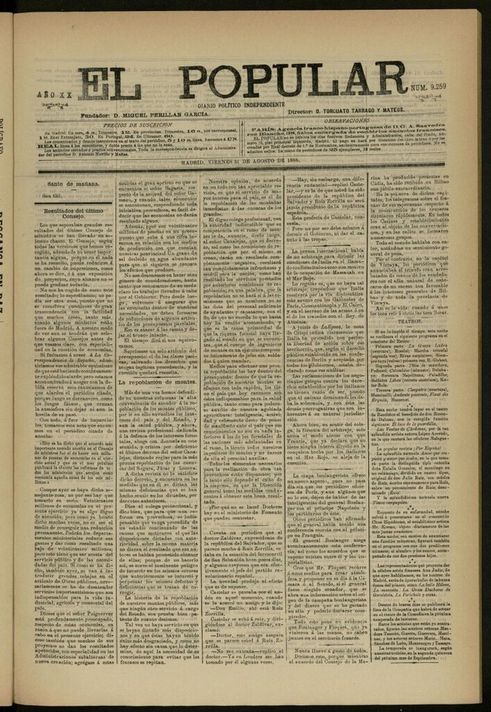 Miniatura de El Popular: diario independiente, político, literario y de noticias de interés general del 31 de agosto de 1888, nº 9259